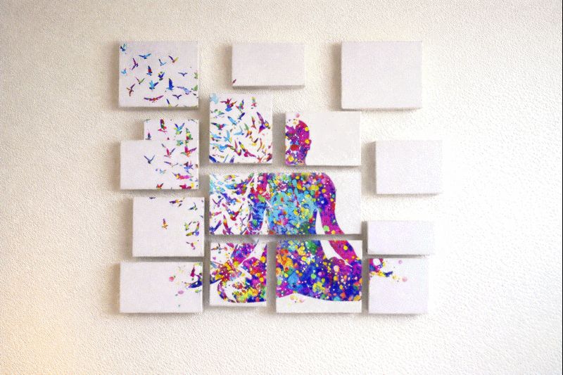 Animated demonstration of modular wall art blocks being assembled creatively to form beautiful wall art installation